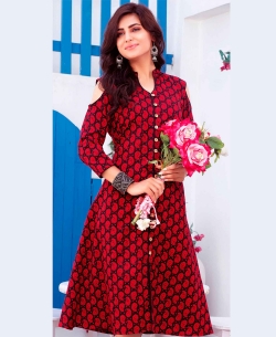 Red Cotton Ethnic Printed A Line Kurtis