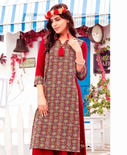 Red Cotton Ethnic Printed A Line Kurtis