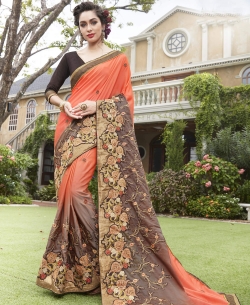 Orange & Brown Fancy Fabric Embroidery Designer Sarees
