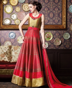 Red And BronzeGold Banarasi Blend Sequins Anarkali Suits