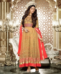 Burly Wood Net Embroidered Anarkali Suits